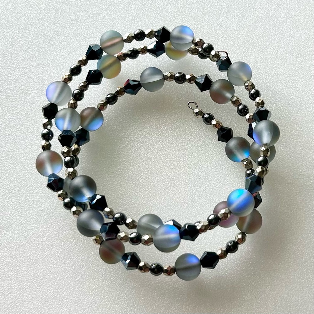 Iridescent Blue Glass Moonstone Bracelet on Memory Wire